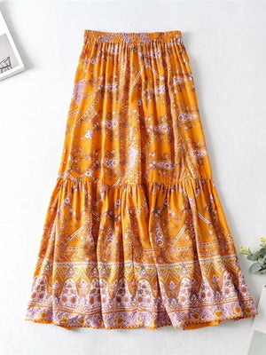 Women's Hippie High Waisted Skirt | Floral Orange | S-L
