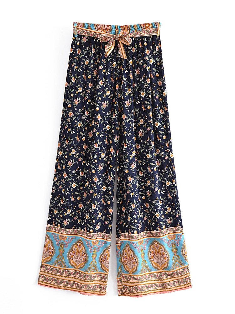 Women's Flower Boho Two Piece Outfit | Sleeveless Top + Bohemian Pants | S-L |