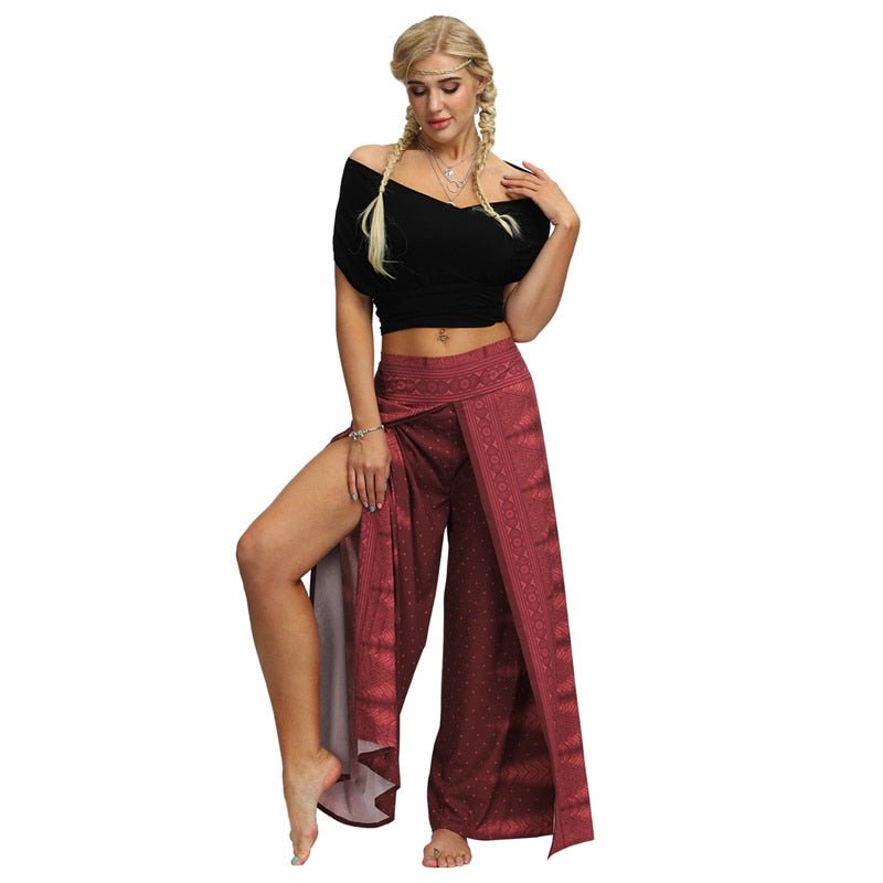 Women's Casual Slit Wide Leg Hippie Boho Pants | Fire Red Design | S-L