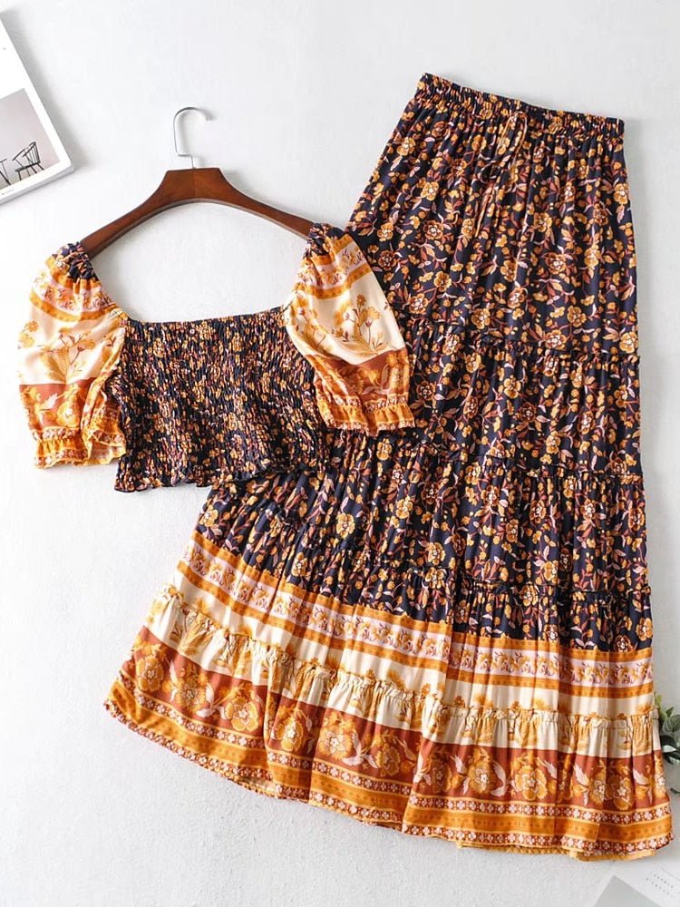 Women's Two Piece Bohemian Spice Outfit | Off Shoulder Top + Drawstring Skirts 2 | S-L