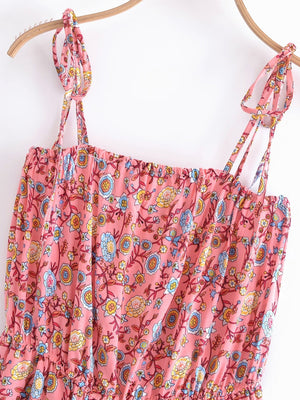 Women's Full Length Red Floral Printed Boho Jumpsuit | Strapless + V-neck | S-L