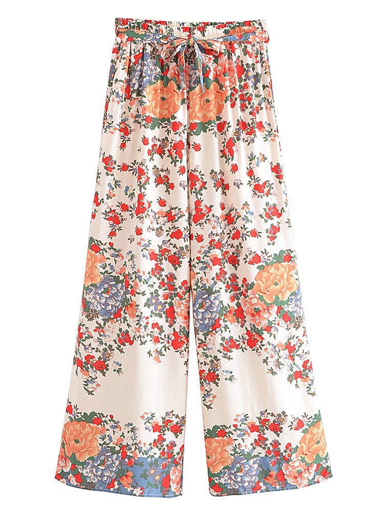 Women Multi Floral Printed Two Piece Suit | Sleeveless Top + Bohemian Loose Pants | S-L