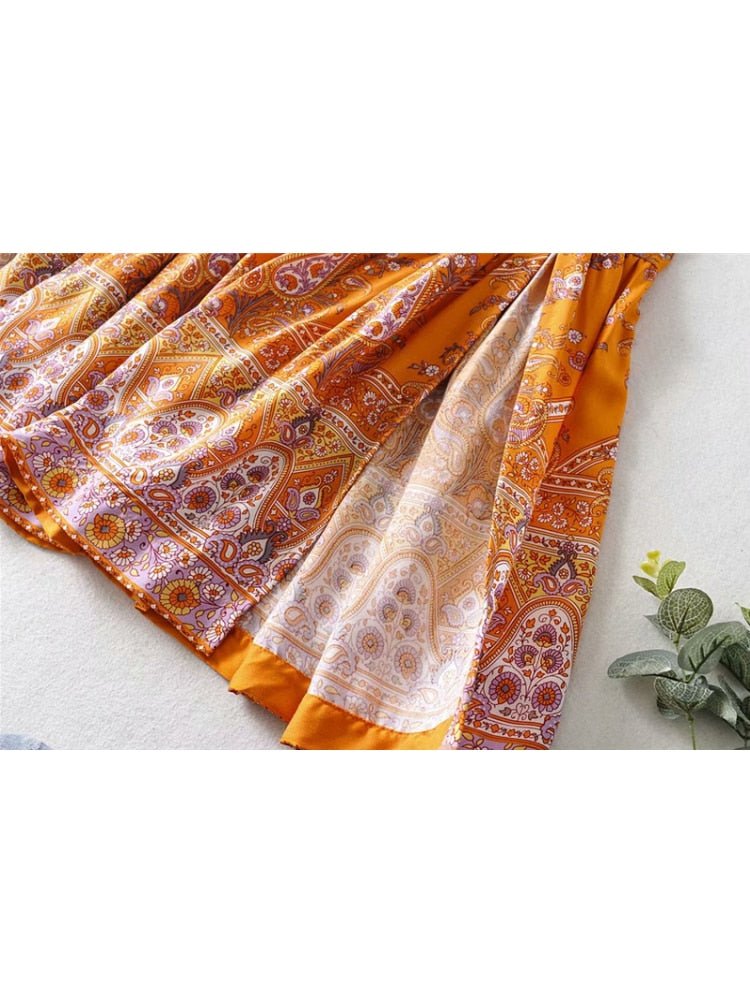 Women's Hippie High Waisted Skirt | Floral Orange | S-L