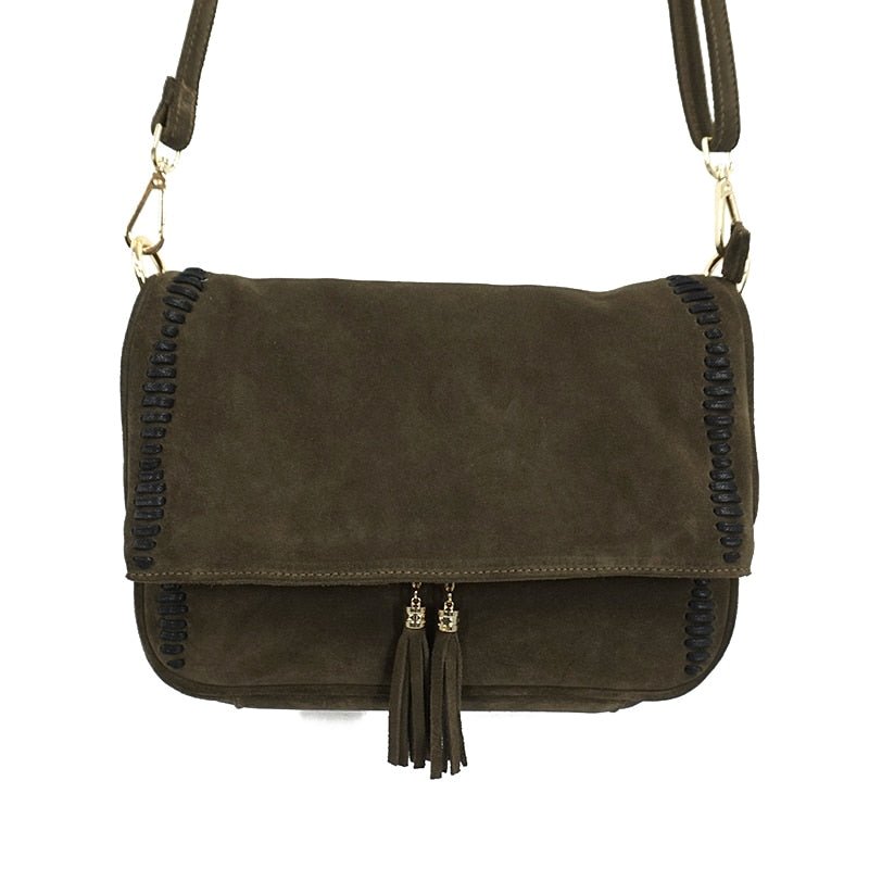 Genuine Leather Nubuck Loop Fringed Side Shoulder Bag - 2 Colours Available