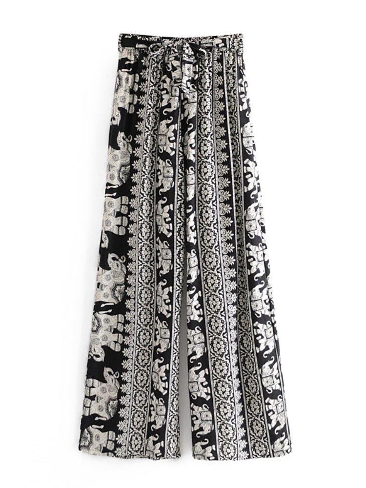 Women's Black Elephant Hippie Styled Two Piece Outfit | Sleeveless Top + Pants | S-L