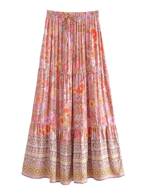 Women's Hippie High Waisted Skirt | Floral Pink | S-L