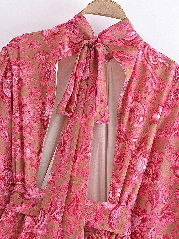 Vintage Backless Women's Flare Sleeved Romper | Red Floral Print | XS-2XL