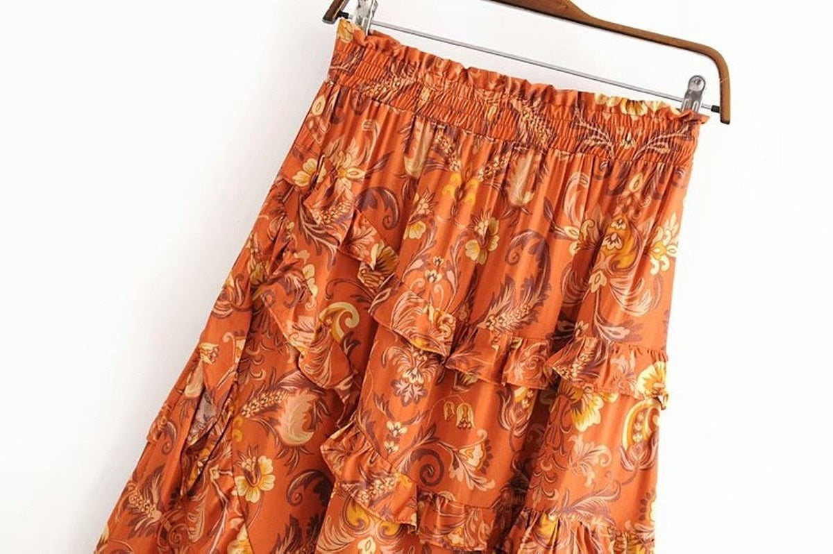 Women's Ruffled Bohemian Floral Skirt | High Waist | S-L