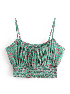 Women's Vintage Green Floral Two Piece Set | Strapless Tops + Bohemian Pants | S-L