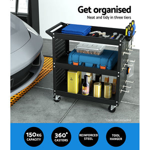 Giantz 3-Tier Tool Cart Storage Trolley - Workshop Organizer Black | Tools at Your Fingertips
