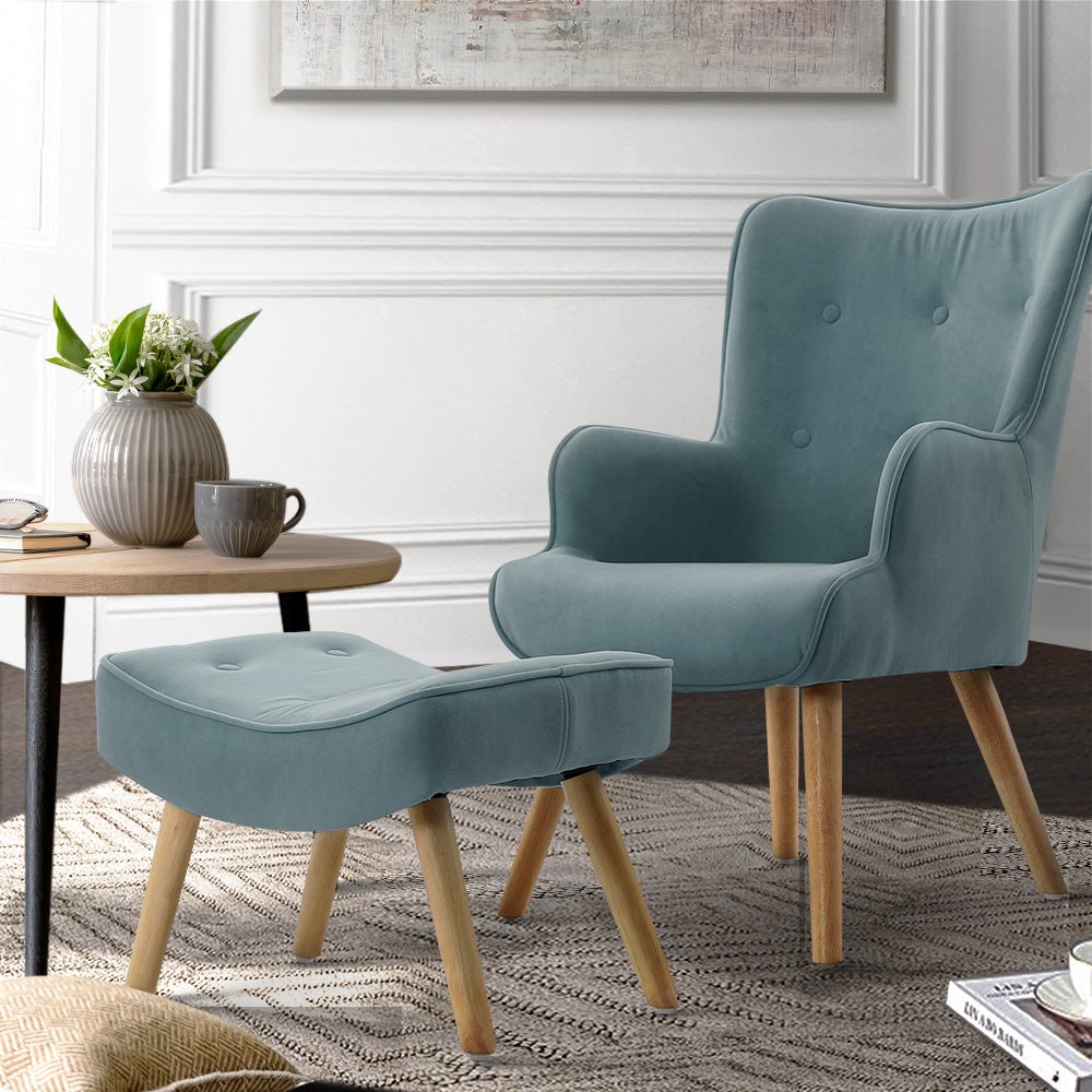 Blue Fabric Armchair Lounge Chair With Ottoman