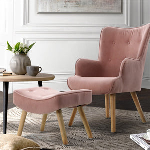 Pink Fabric Armchair Lounge Chair With Ottoman