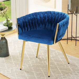 Artiss Dining Chair | Velvet Upholstered, Woven Back, Blue Armrest
