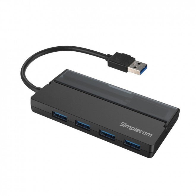 SIMPLECOM CH329 | Portable 4 Port USB 3.2 Gen1 | USB 3.0 5Gbps Hub with Cable Storage | Black