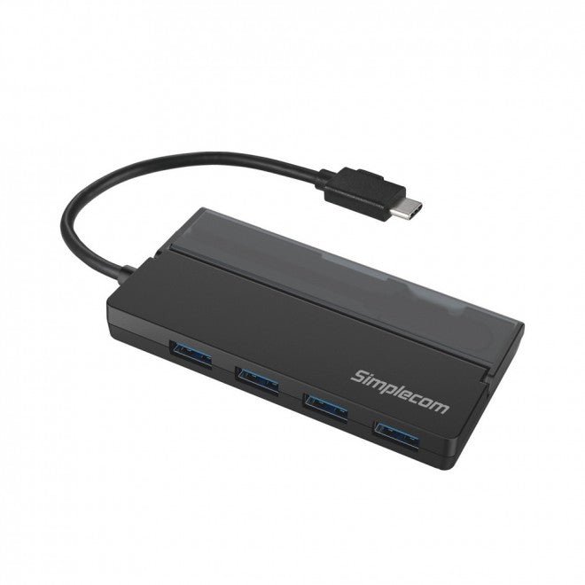 SIMPLECOM CH330 | Portable USB-C to 4 Port USB-A Hub | USB 3.2 Gen1 with Cable Storage | Black