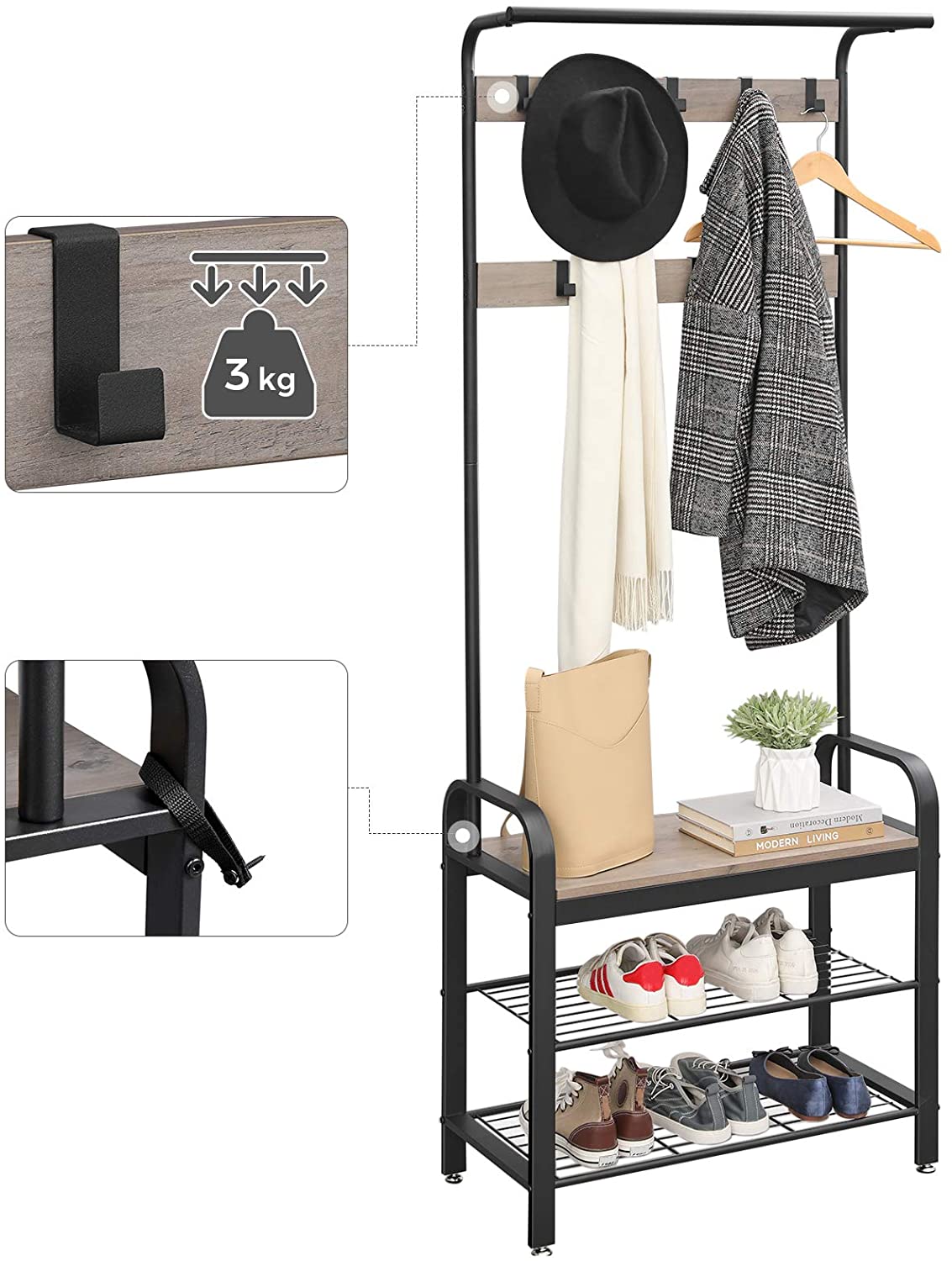 Black Steel Freestanding Coat Rack Stand - 1.83m