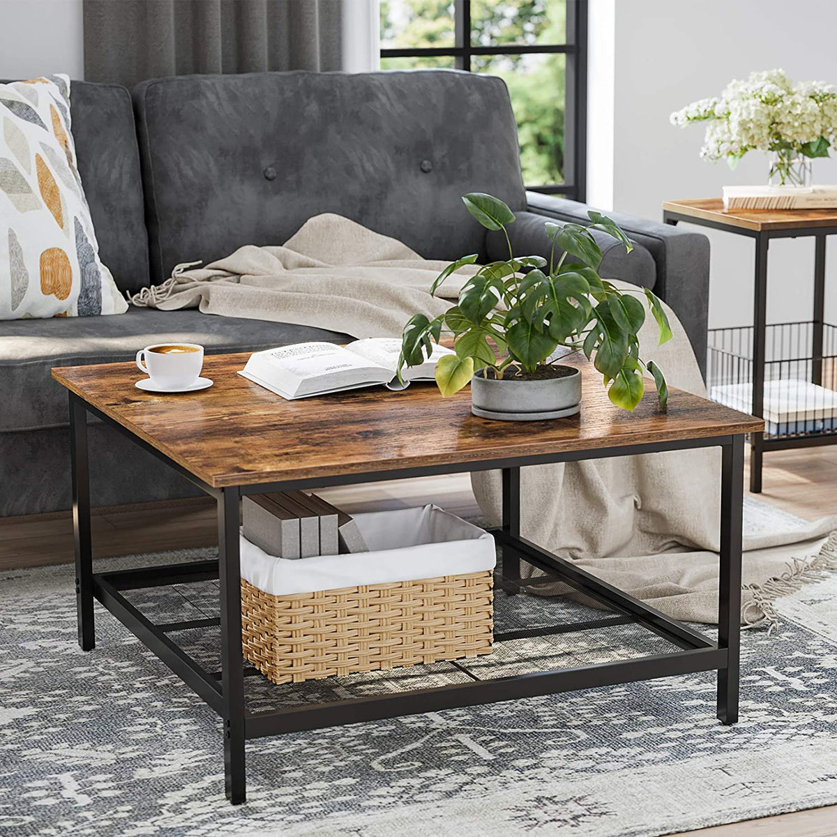 Coffee Table With Steel Frame And Under Mesh Storage