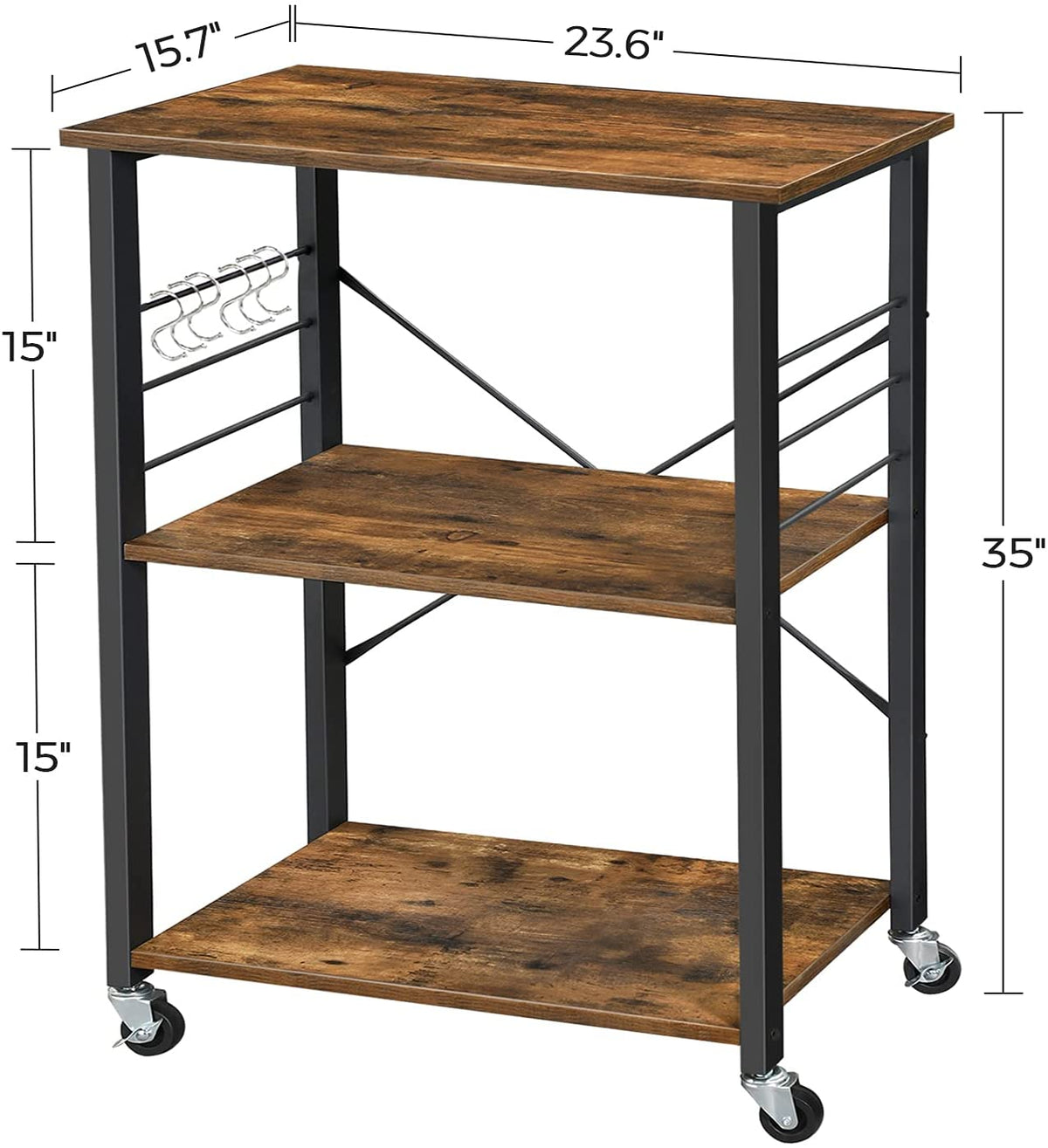 3-Tier Serving Cart With Metal Frames & Hooks