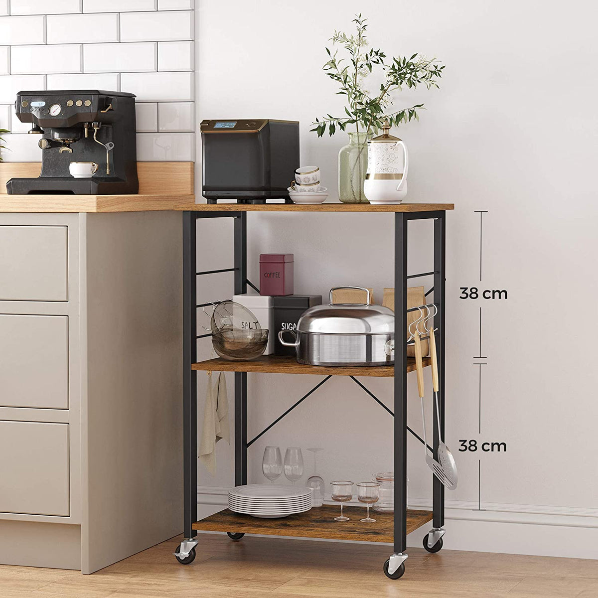 3-Tier Serving Cart With Metal Frames & Hooks
