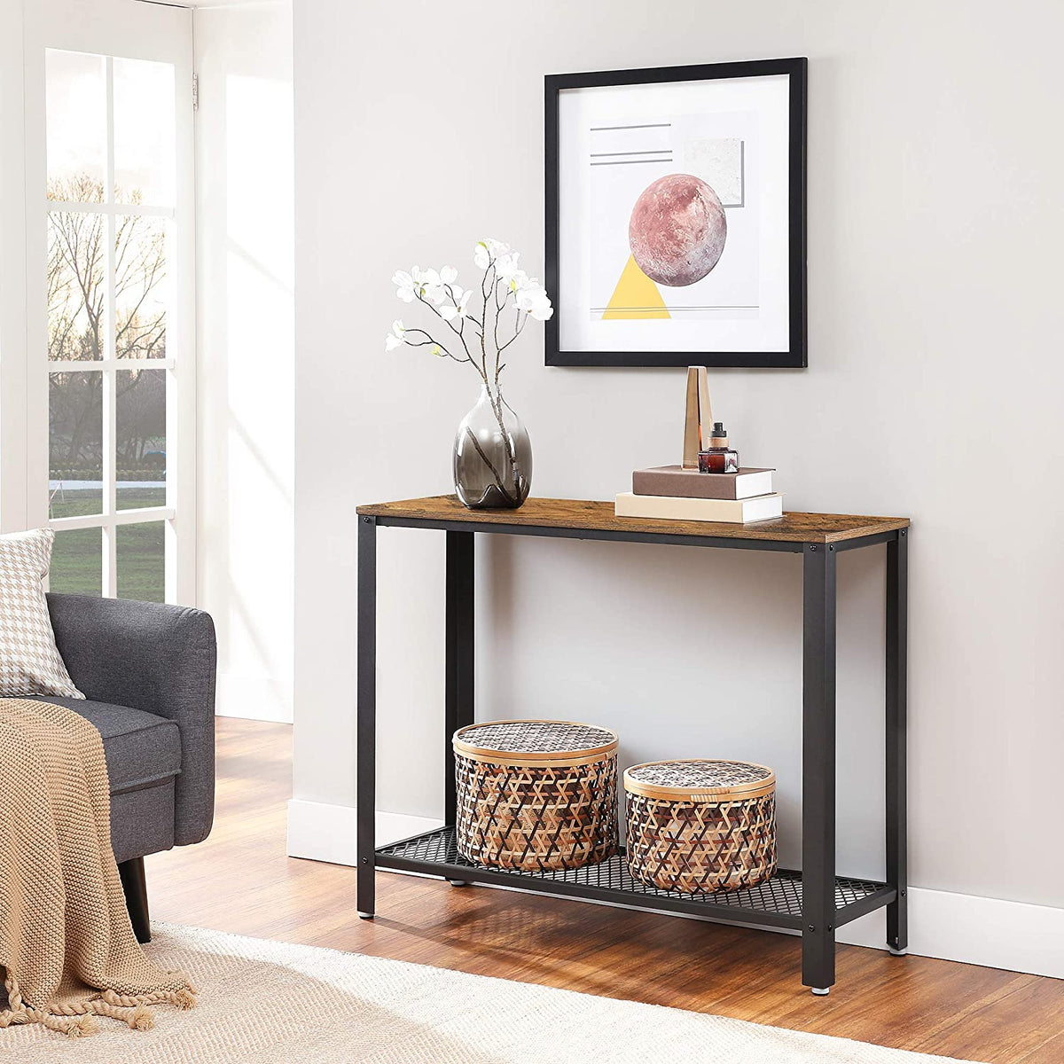 Rustic Brown Metal Frame Console Table