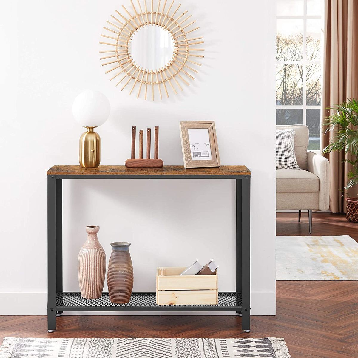 Rustic Brown Metal Frame Console Table