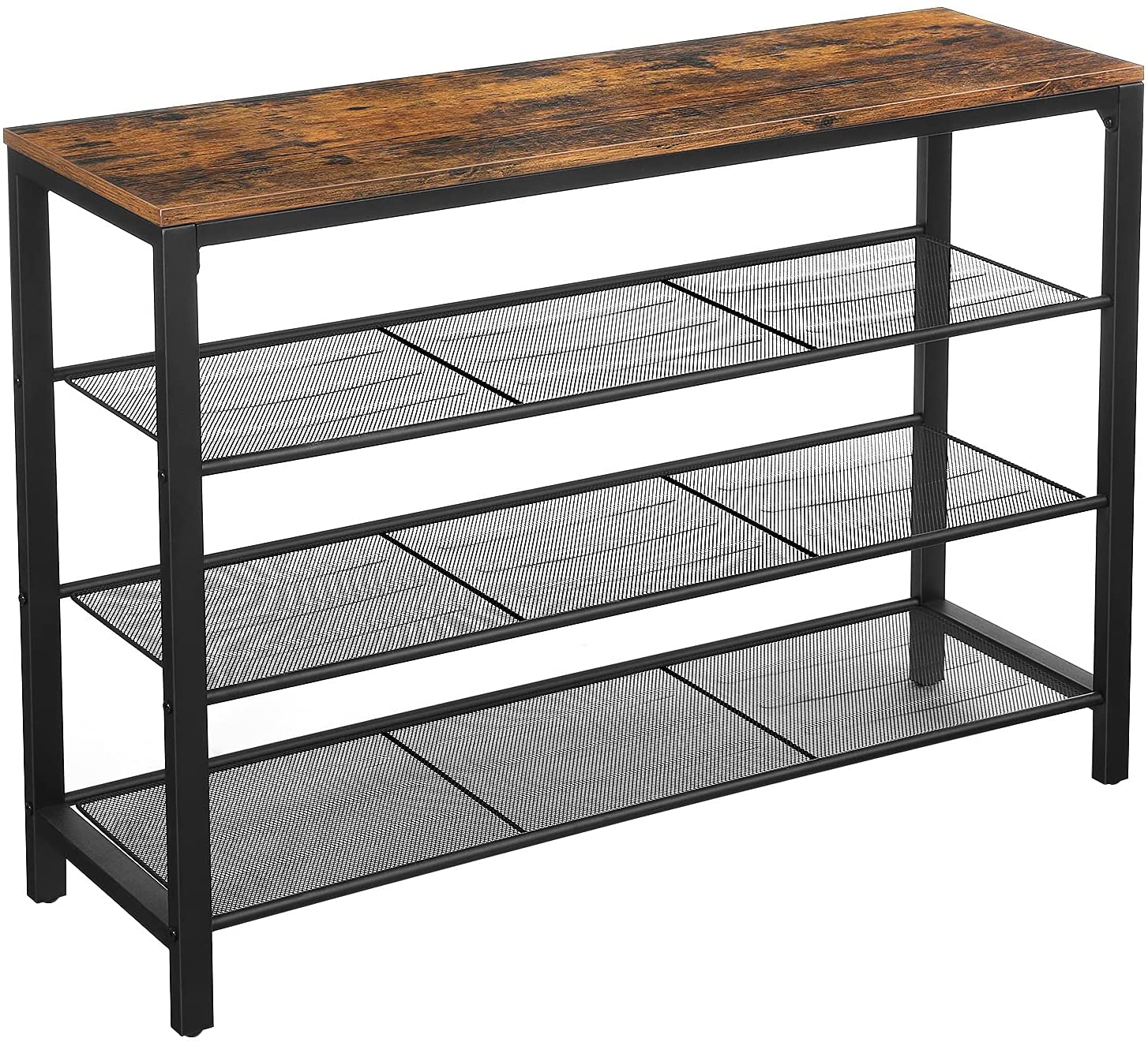 Shoe Rack With 3 Mesh Rustic Metal Shelves