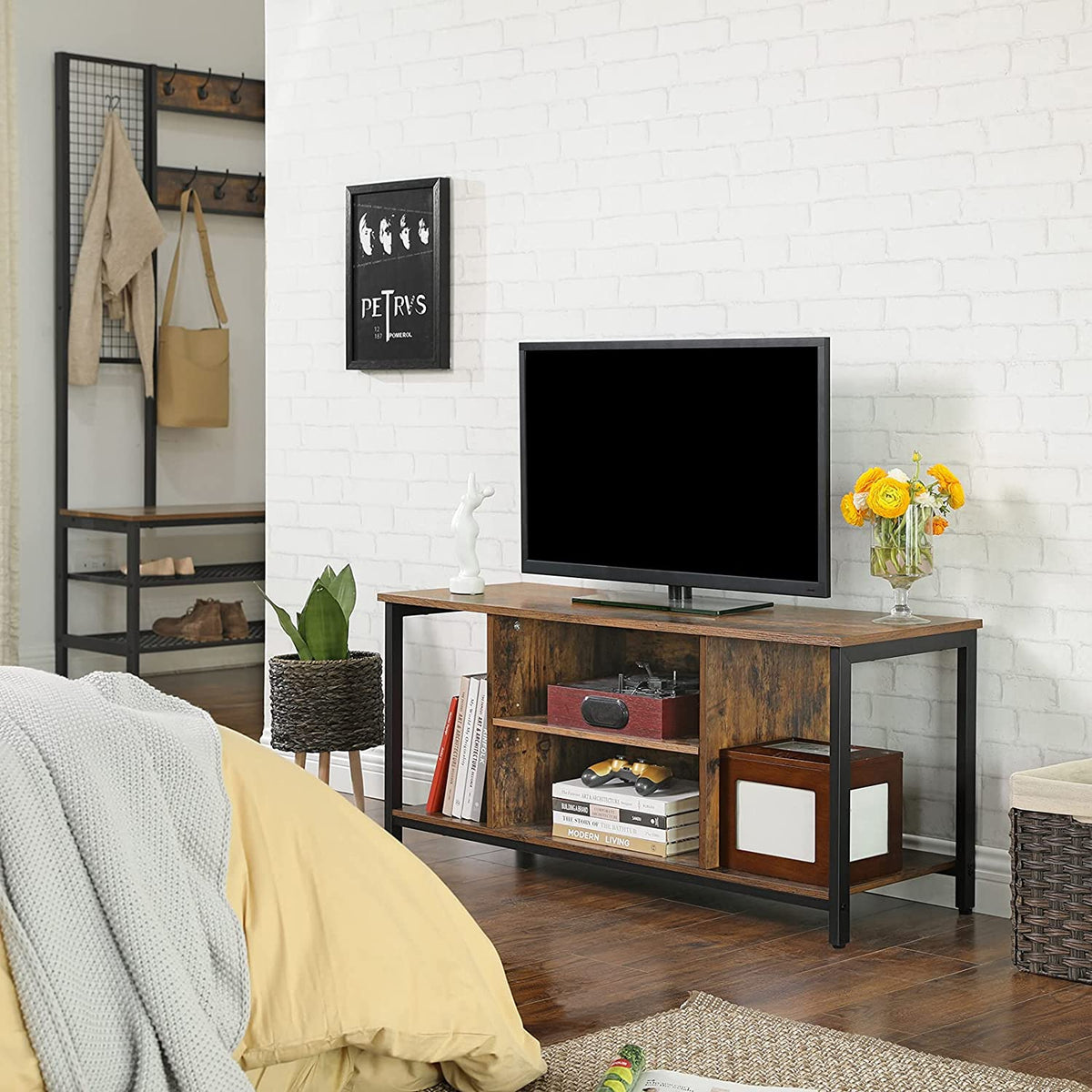 Open Rustic Brown Industrial TV Console Unit