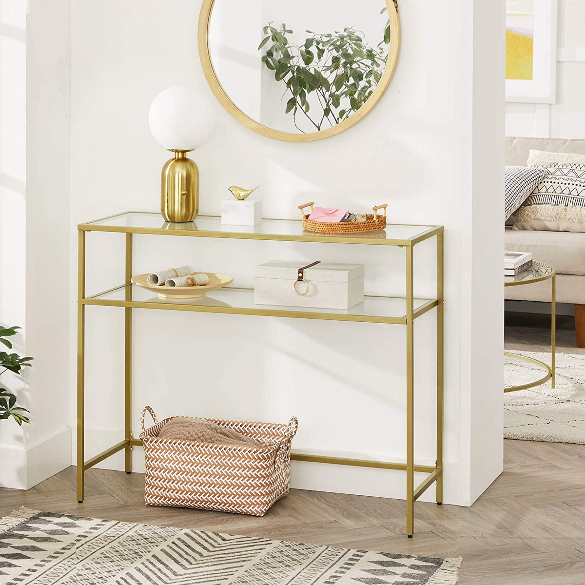 Metal Frame Table With 2 Shelves And Adjustable Feet