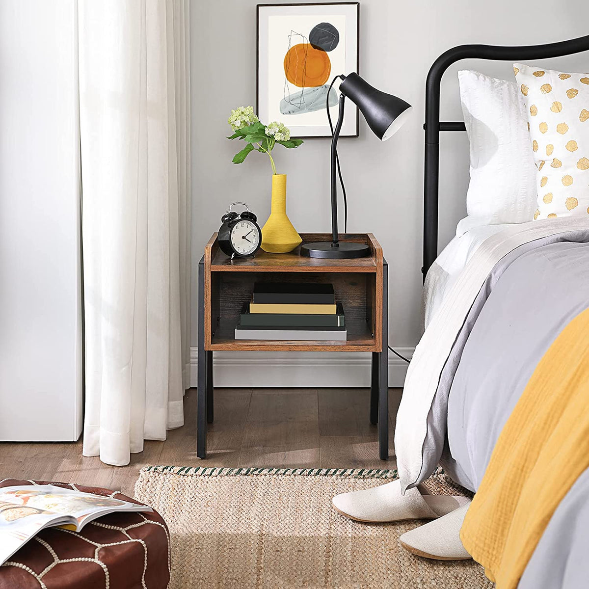 Vintage Wood Nightstand With Metal Frame