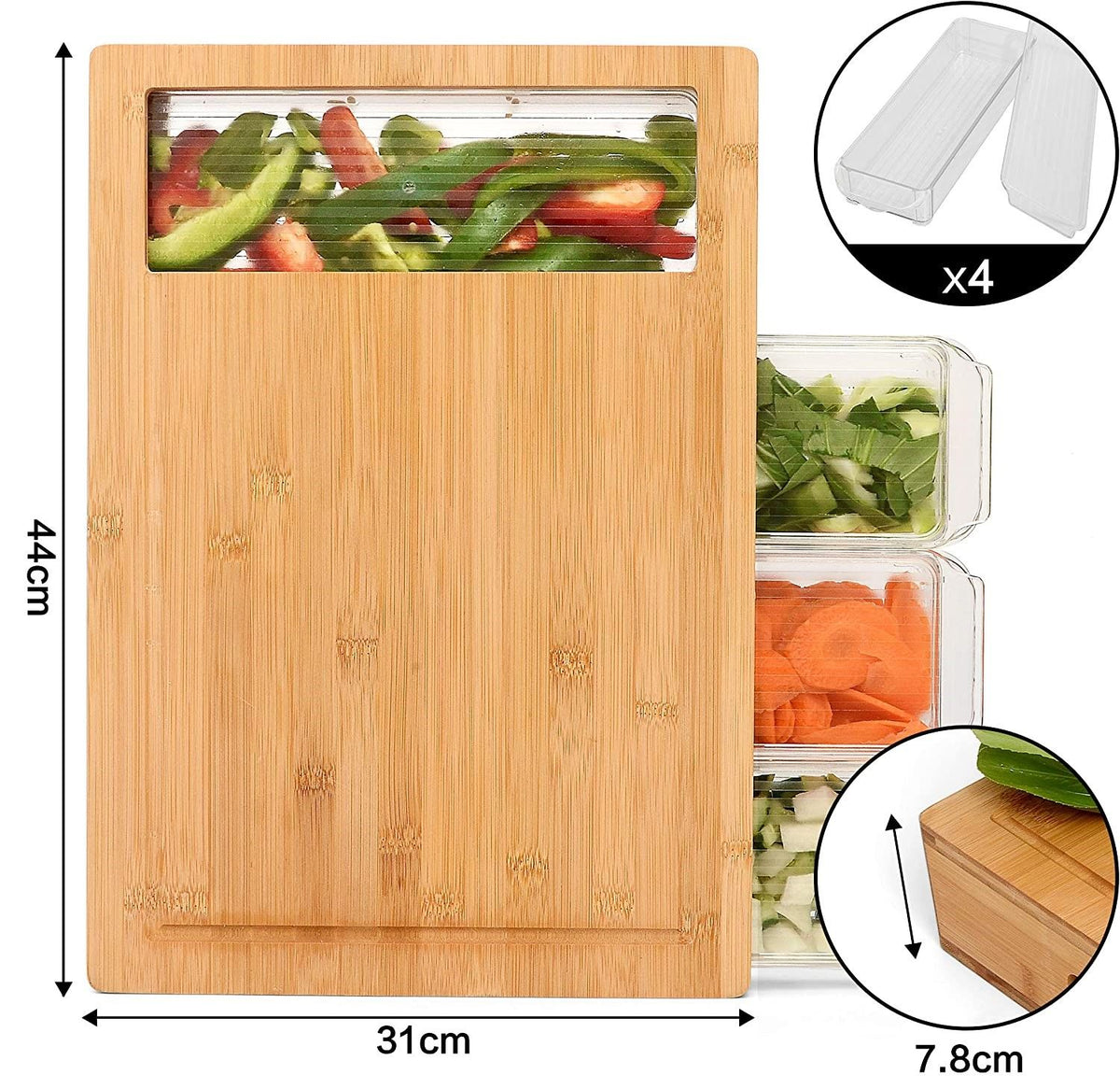 Large Bamboo Cutting Board and 4 Containers with Mobile Holder