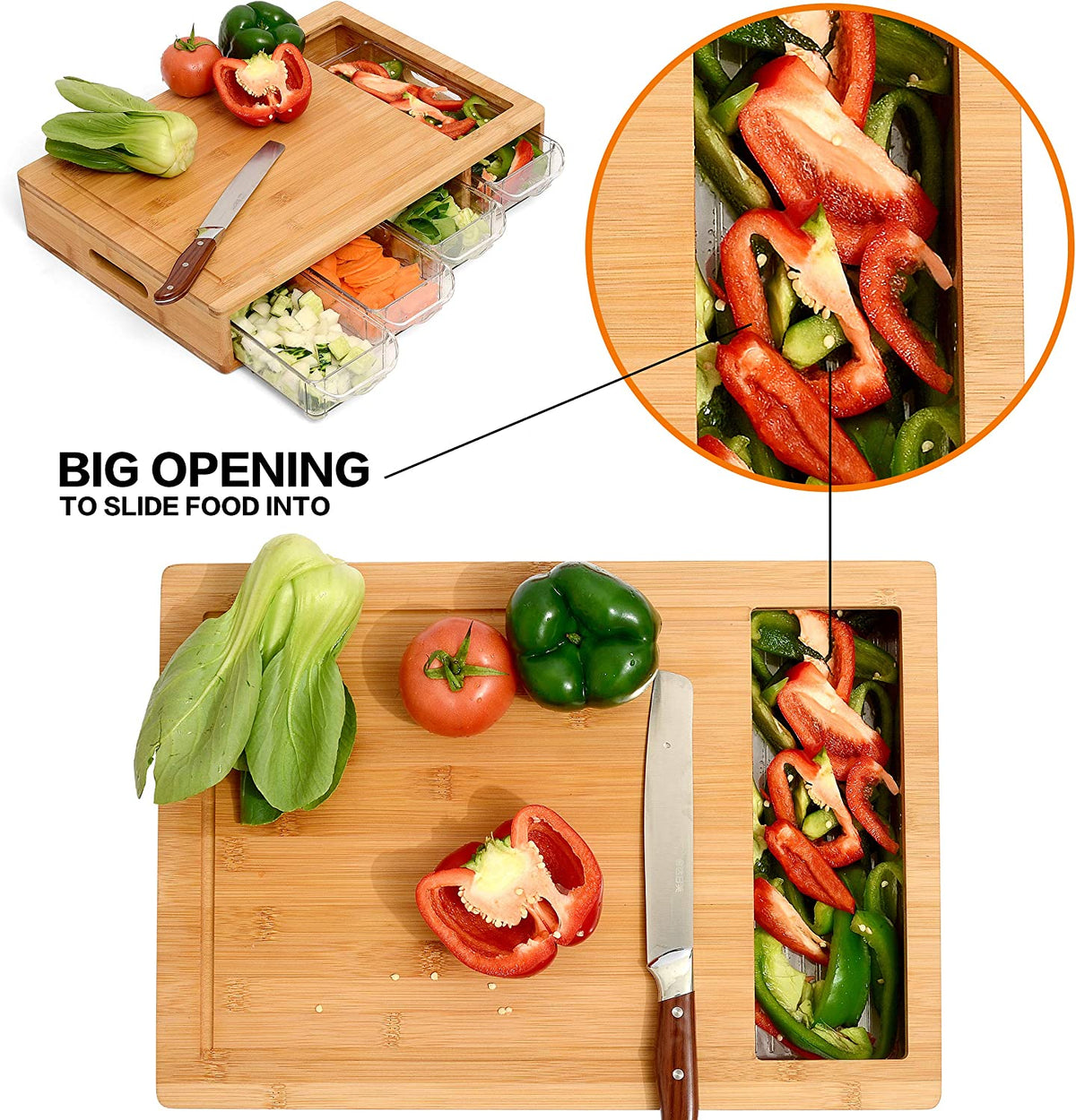 Large Bamboo Cutting Board and 4 Containers with Mobile Holder