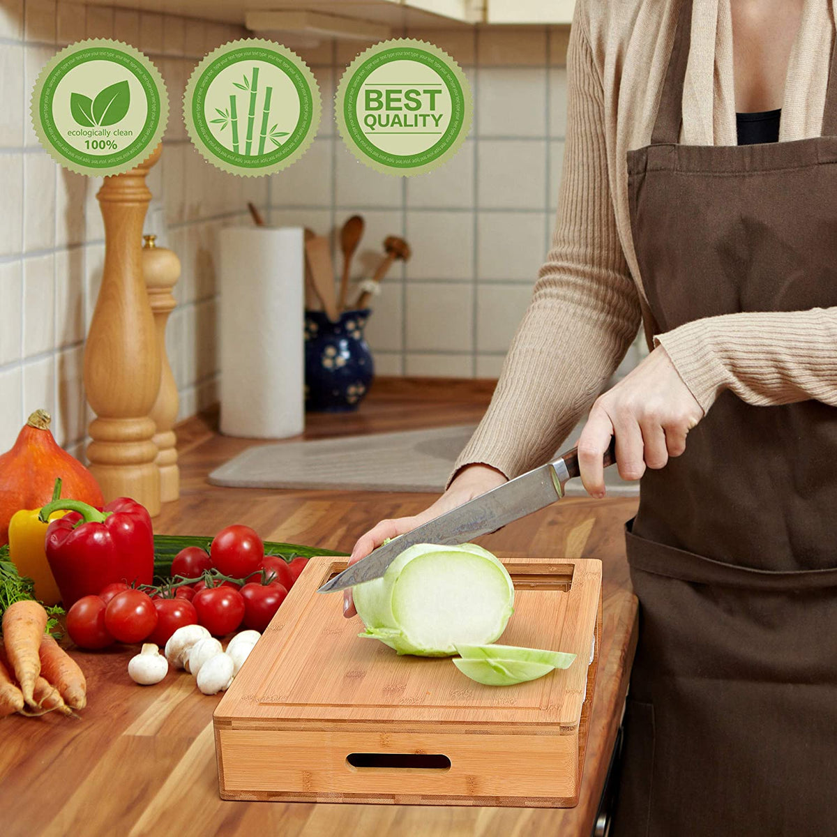 Large Bamboo Cutting Board and 4 Containers with Mobile Holder