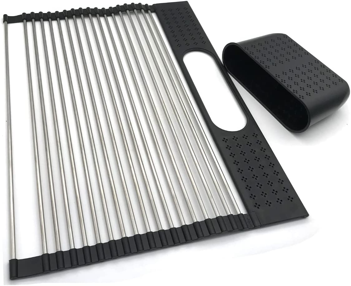 Large Stainless Steel Roll Up Dish Drying Rack with Utensil Holder
