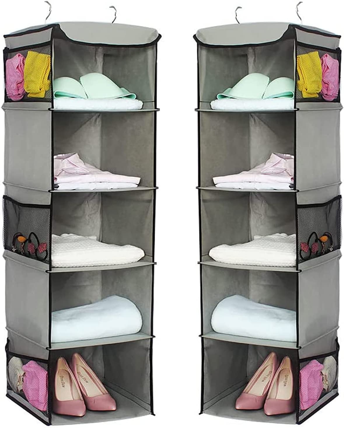 2 Pack 5 Foldable Shelf Hanging Closet Organizer Space Saver with Side Accessories Pockets for Clothes Storage