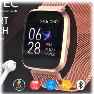 DGTEC 1.4" IPS Rose Gold Smart Fitness Watch with Wireless Earbuds Bundle