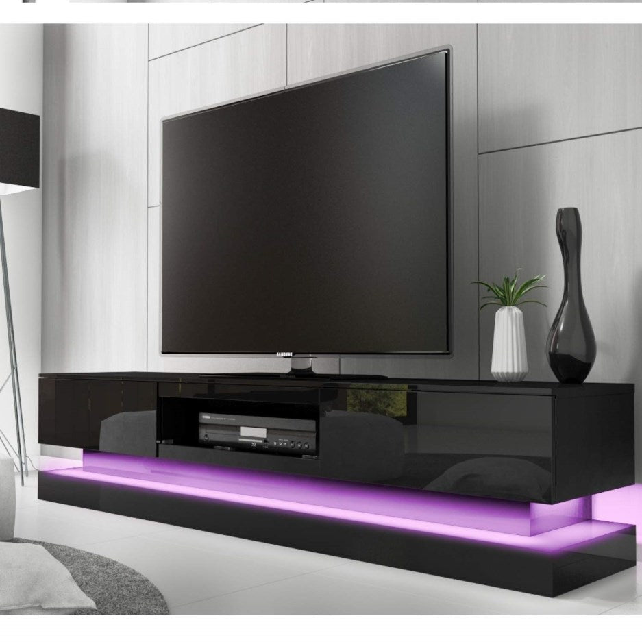 Modern High Gloss LED RGB TV Entertainment Unit - Black | 220cm with Storage