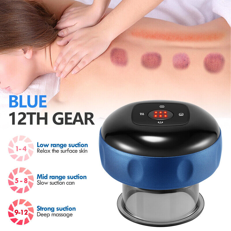 12 Levels Electric Cupping Therapy Smart Scraping Massager | Red Light Heating, Body Slimming (Blue)