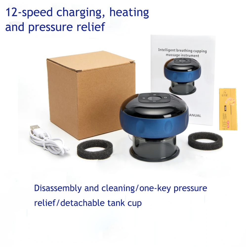 12 Levels Electric Cupping Therapy Smart Scraping Massager | Red Light Heating, Body Slimming (Blue)