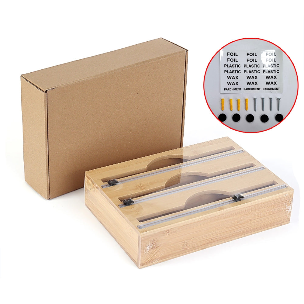 3 Grids Bamboo Food Wrap Dispenser Cutter | Foil Cling Film Storage Holder Box | Kitchen