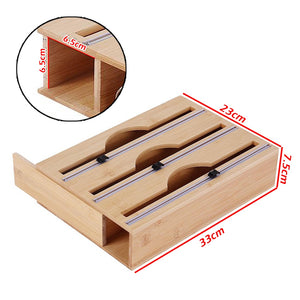 3 Grids Bamboo Food Wrap Dispenser Cutter | Foil Cling Film Storage Holder Box | Kitchen