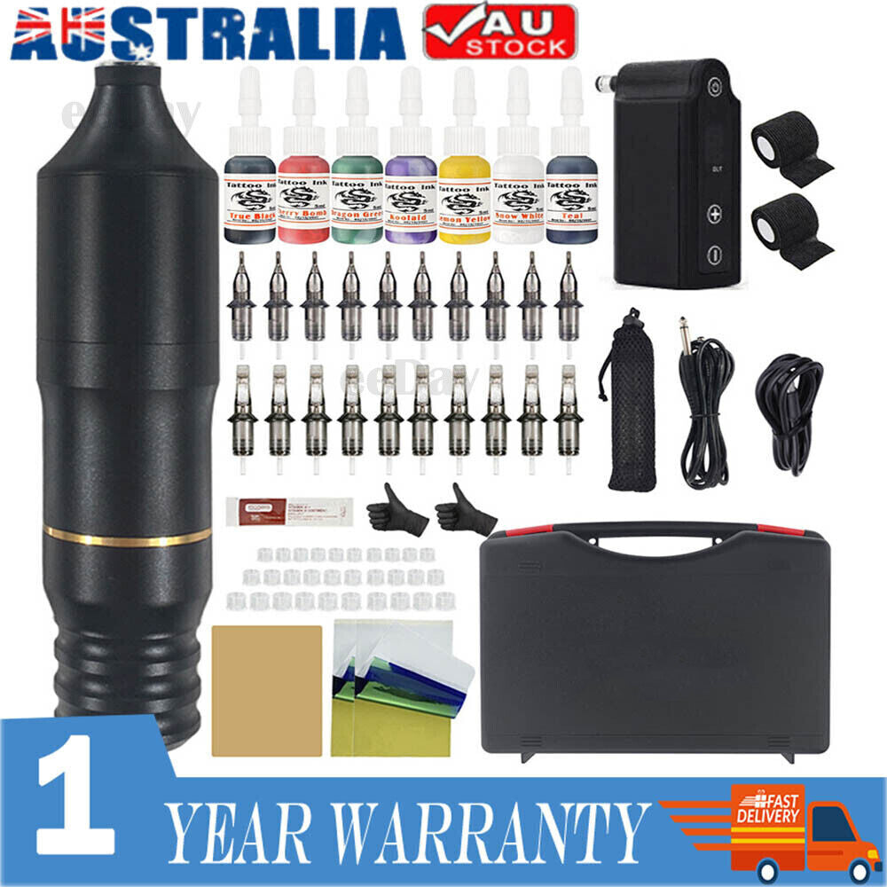 Rotary Tattoo Pen Kit | Wireless Motor Machine | 7 Inks, 20 Needles, 1 Battery