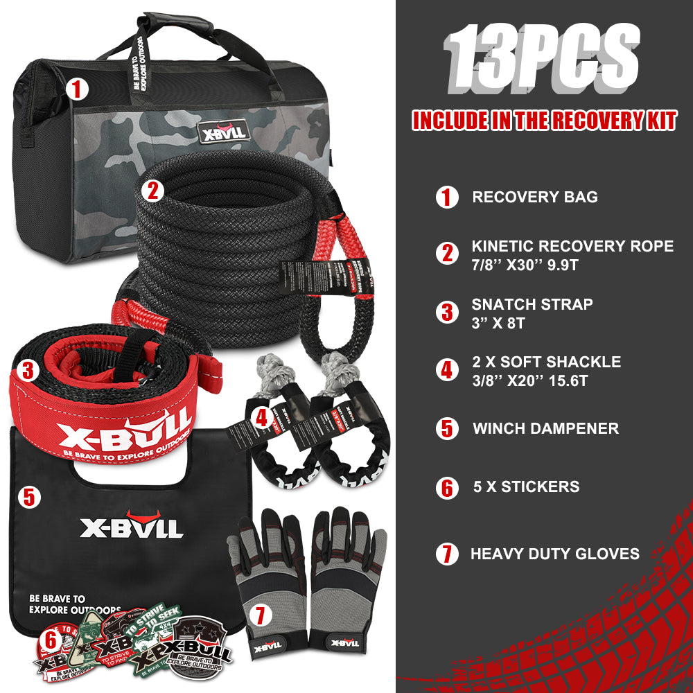 X-BULL Recovery Kit Off-Road Kinetic Rope Snatch Strap Winch Damper 4WD13PCS