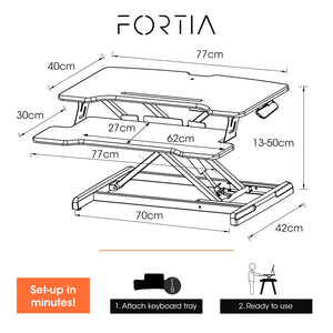 Fortia Desk Riser - 77cm Wide - Adjustable Sit to Stand - Dual Monitor Support - Black