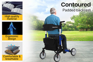 EQUIPMED Rollator Walking Frame Walker | Foldable Seat | Aluminium Mobility Aid (Blue)