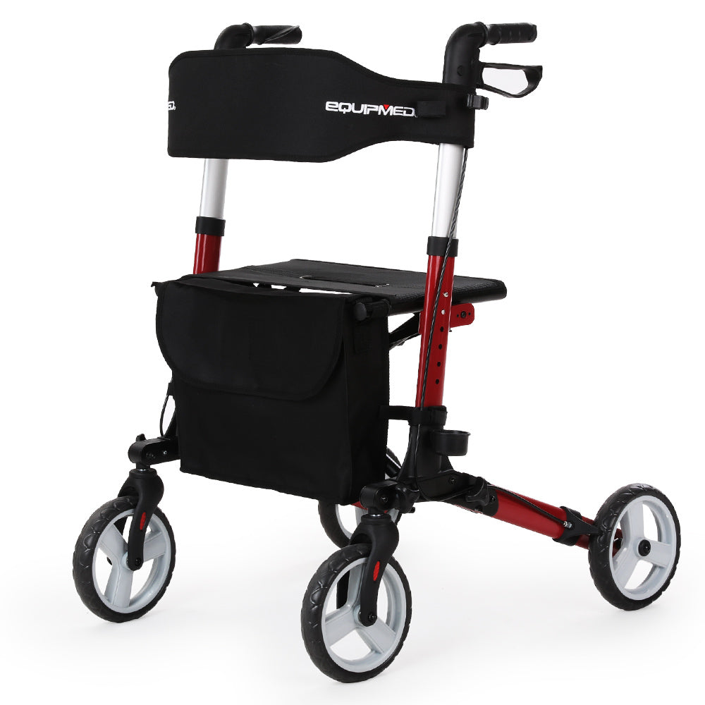 EQUIPMED Rollator Walking Frame Walker | Foldable Seat | Mobility Aid | Aluminium (Red)