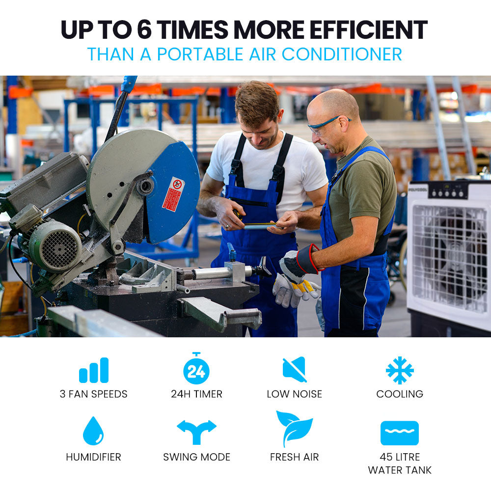 POLYCOOL 45L 125W Portable Industrial Air Cooler - Fan, Purifier, Humidifier - Remote Control