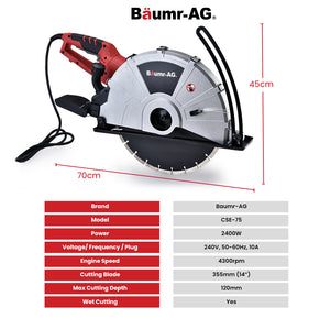 2400W Electric Concrete Saw | 355mm | Demolition Cutter Wet Dry Demo Tool | Circular Cutting | BAUMR-AG