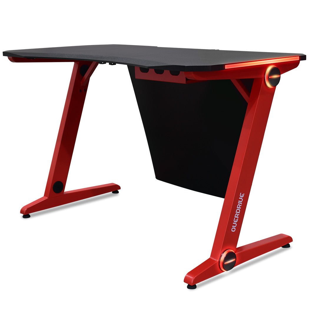 OVERDRIVE Gaming Desk 120cm Computer Black PC Red LED Lights Carbon Fiber Look