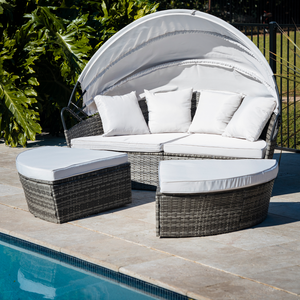 3PC Outdoor Daybed Patio Furniture | LONDON RATTAN Grey Wicker