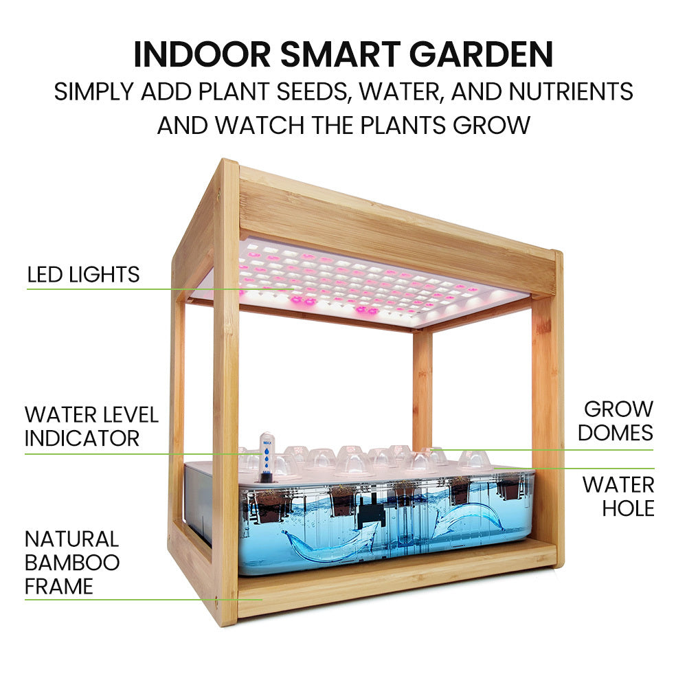 PLANTCRAFT 12 Pod Indoor Hydroponic Growing System | Bamboo Frame & LED Lights
